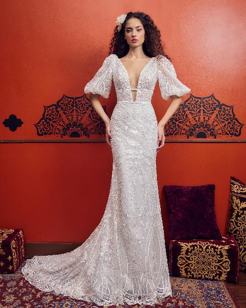 Lp2352 lace deep v wedding dress with lace cap sleeves1